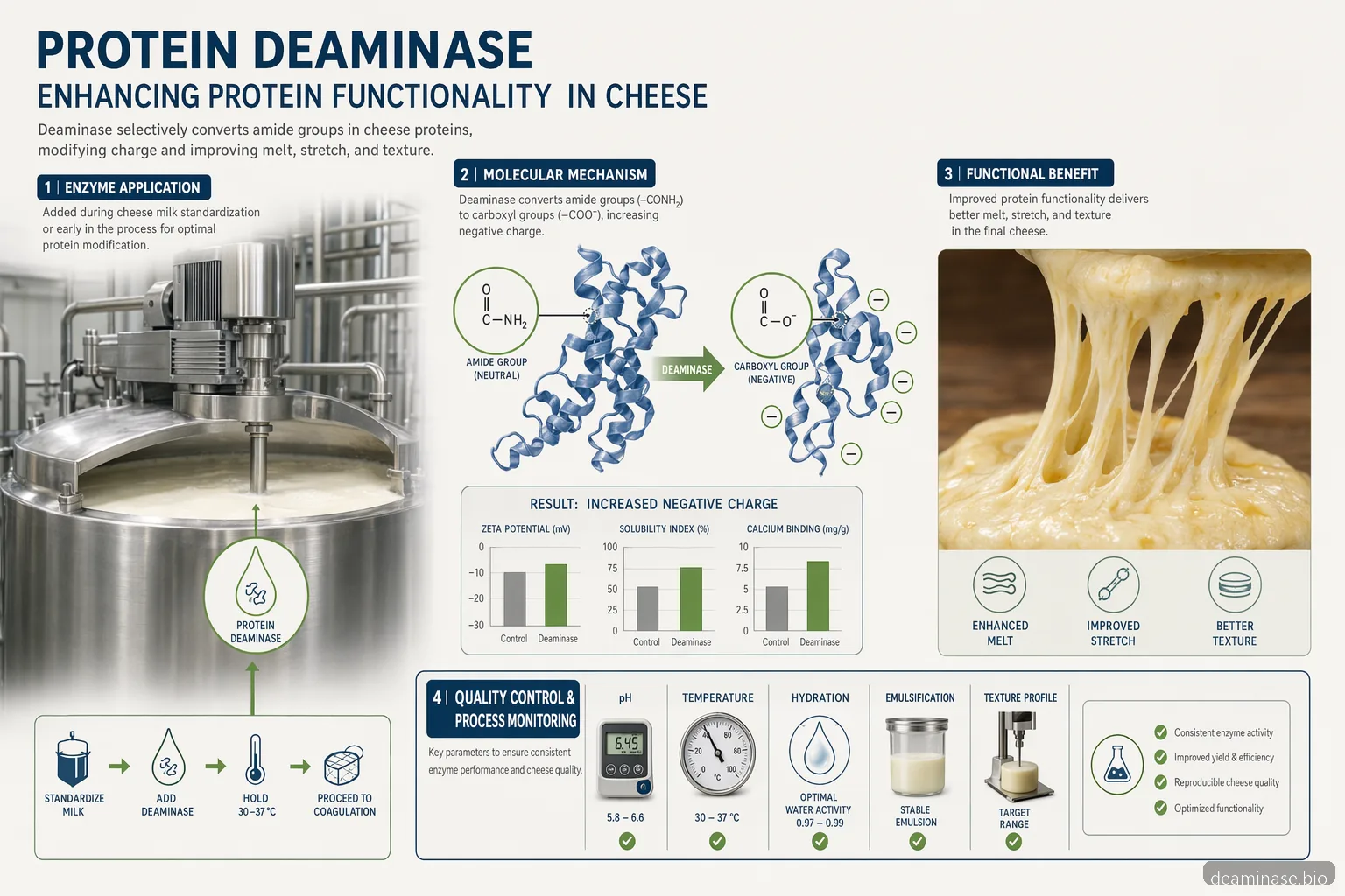 industrial deaminase enzyme cheese process guide infographic showing hydration, melt, emulsification, and QC checks