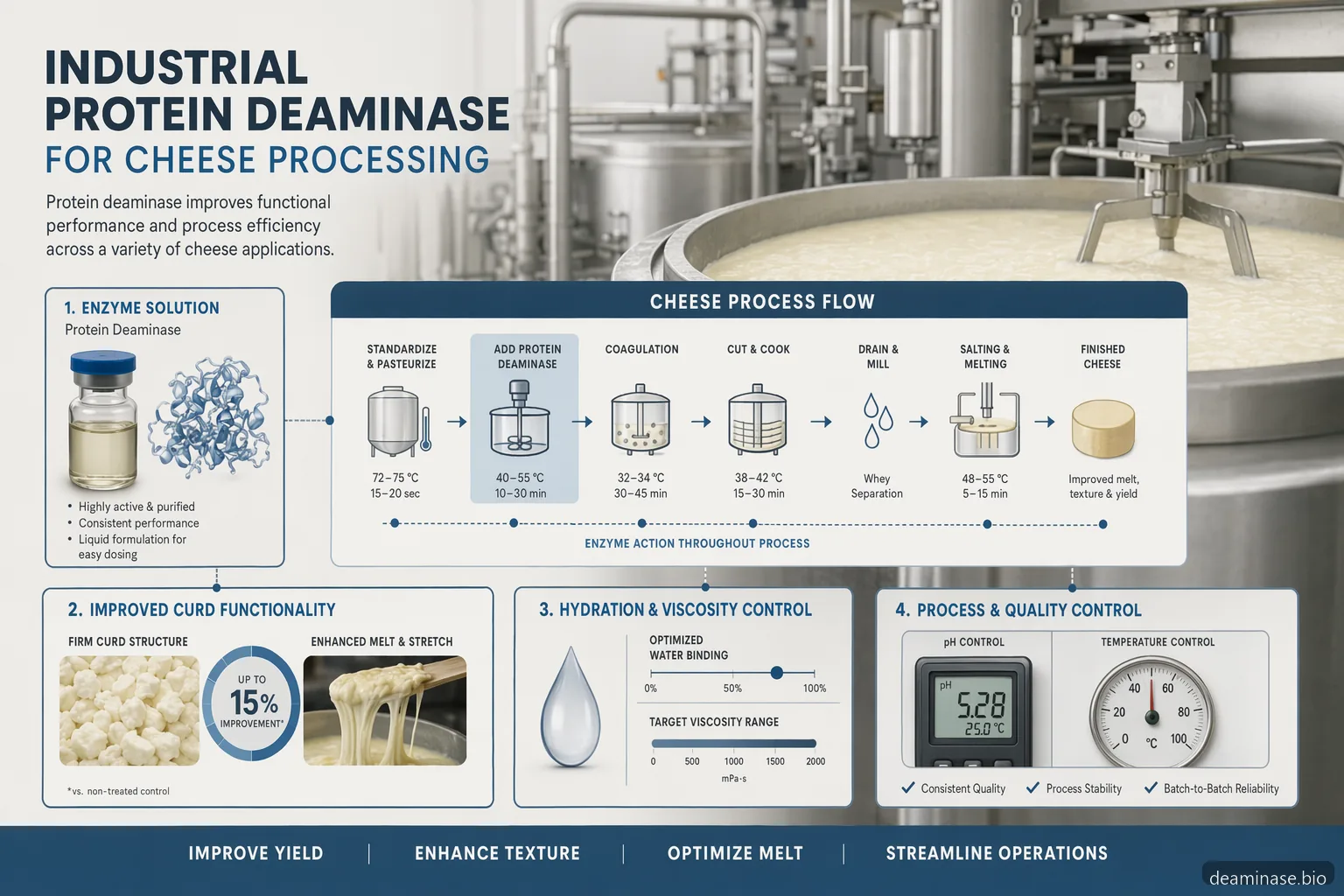 Industrial protein deaminase cheese processing infographic showing texture, melt, hydration and QC trial factors