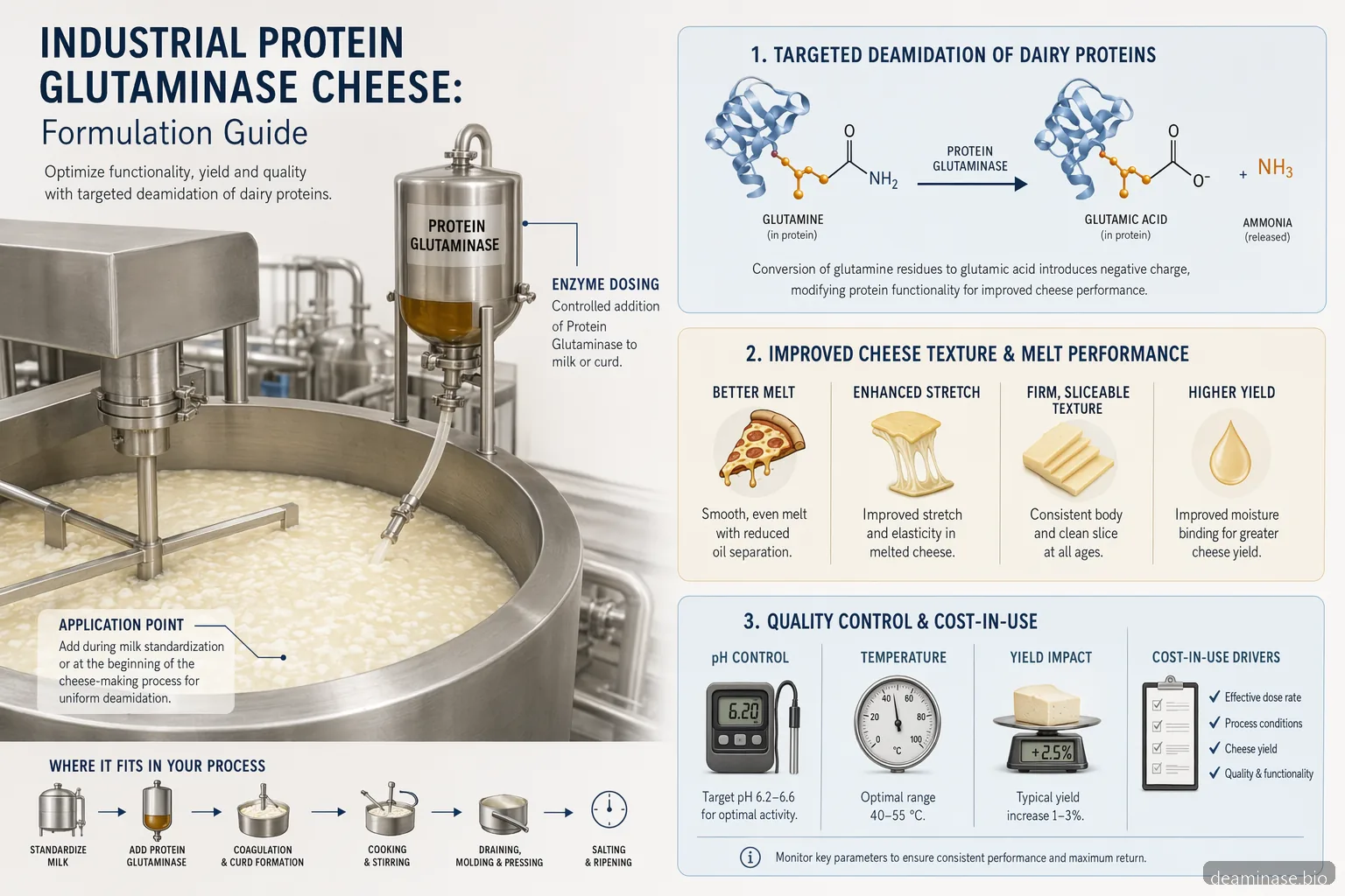 industrial protein glutaminase cheese formulation guide infographic showing enzyme dosing, QC checks, and cost-in-use
