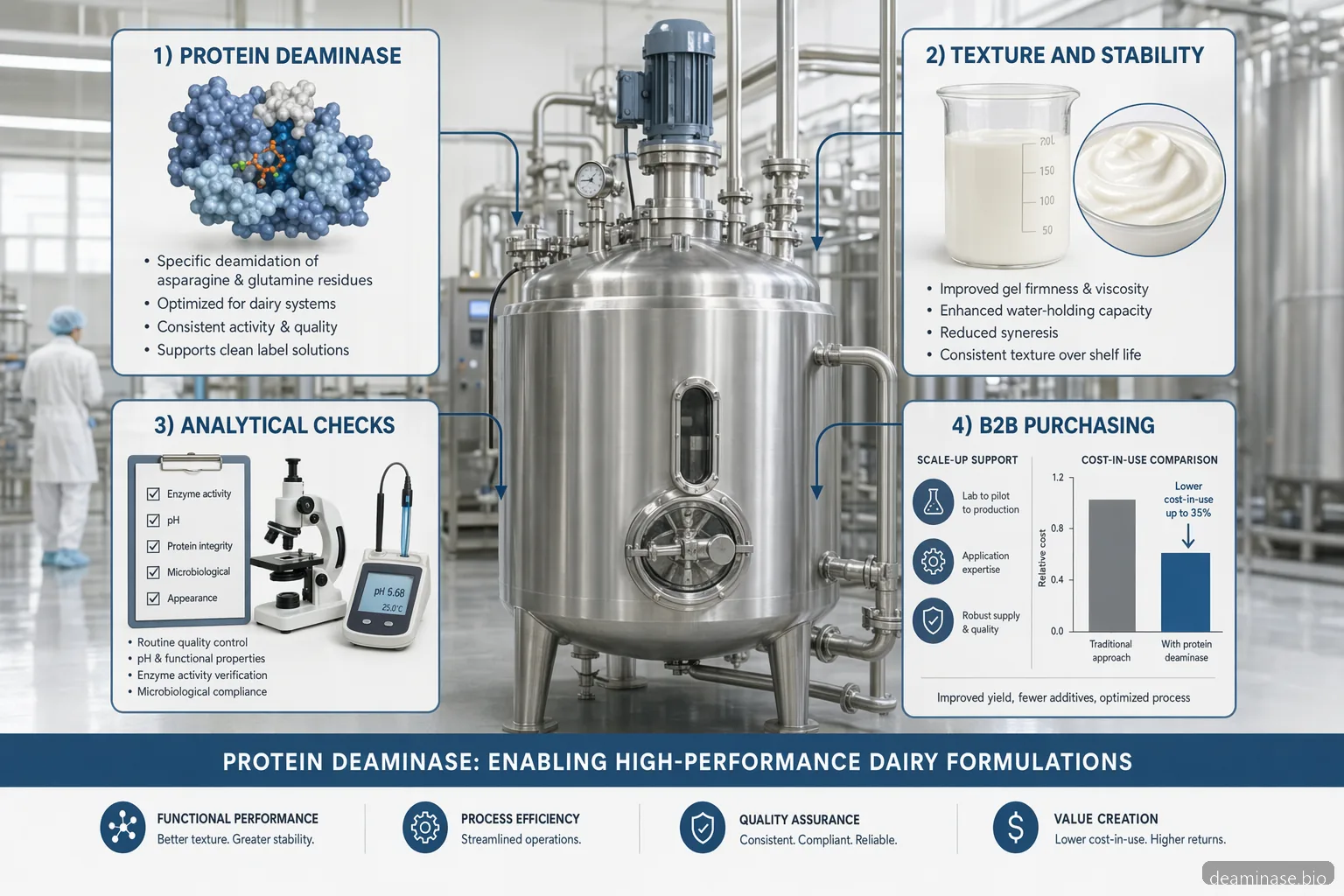 protein deaminase supplier for dairy guide showing enzyme trials, QC checks, applications, and scale-up