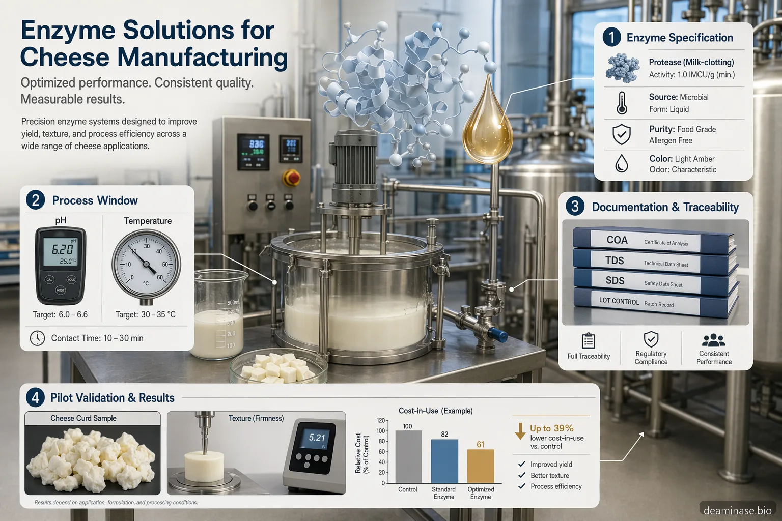 protein glutaminase supplier for cheese specification checklist with enzyme, COA, pilot trial, and cost-in-use icons